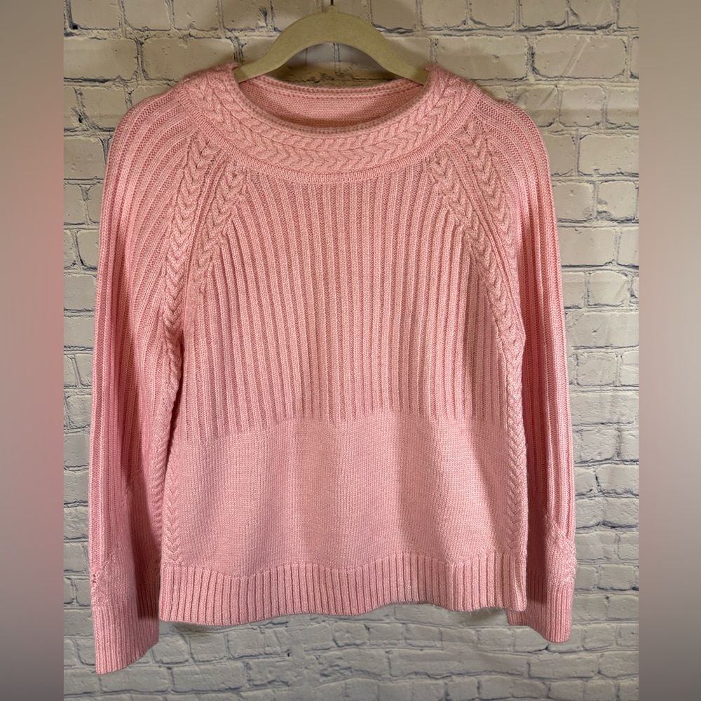 Anthropologie Maeve Marena Pink Preppy Coquette Cable Knit Crewneck Sweater M